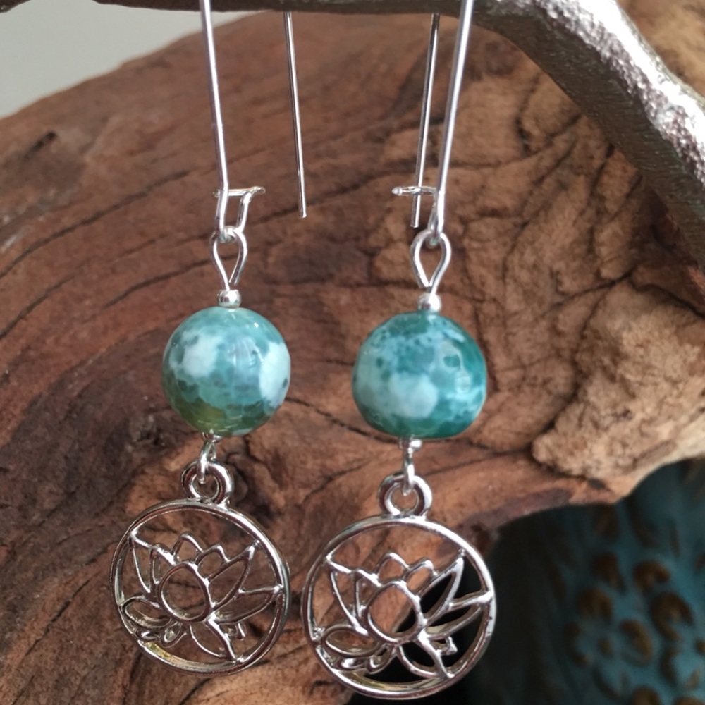 Green & Silver Lotus Dangle Earrings